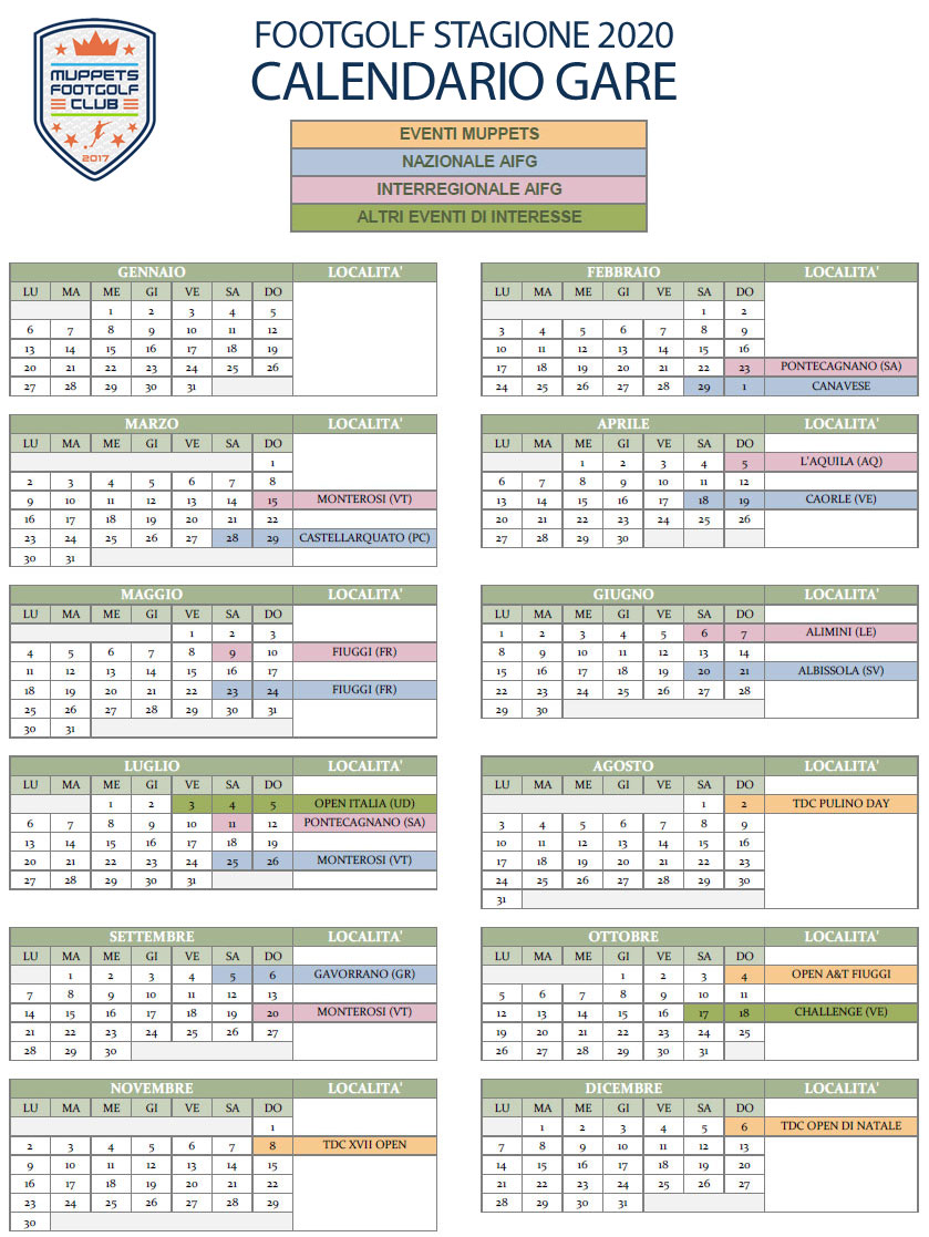 Calendario Gare FootGolf Stagione 2020